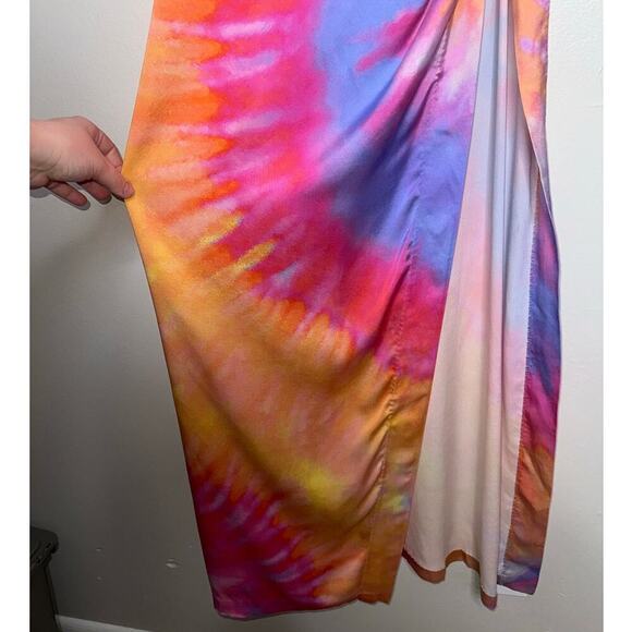 Retrofete Marlene Tie-Dyed Stretch Silk Satin Maxi Dress Sunset Orange Size XS - Picture 6 of 10
